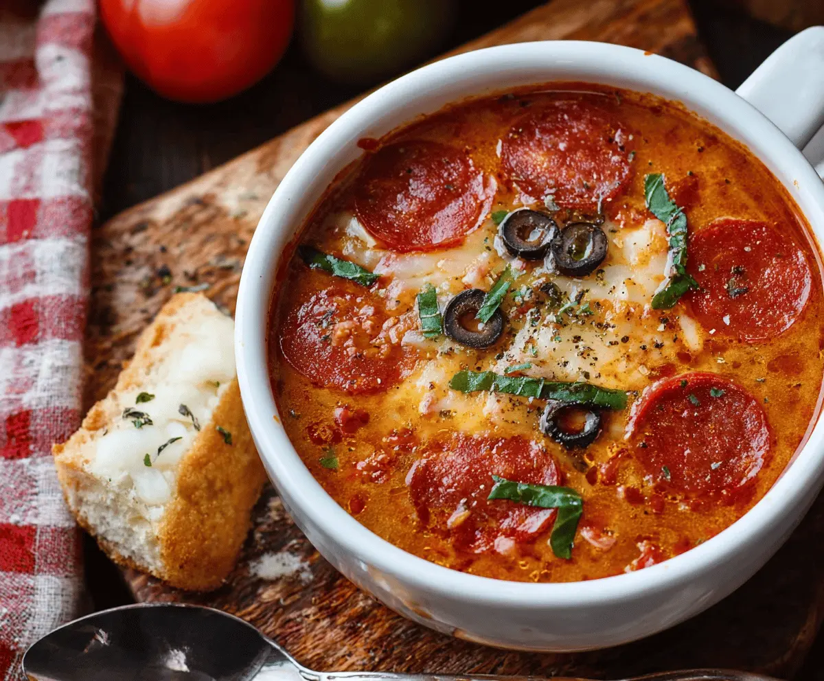 A delicious bowl of Pepperoni Pizza Soup topped with melted cheese, pepperoni slices, and fresh herbs, showcasing a comforting and savory Italian-inspired meal.