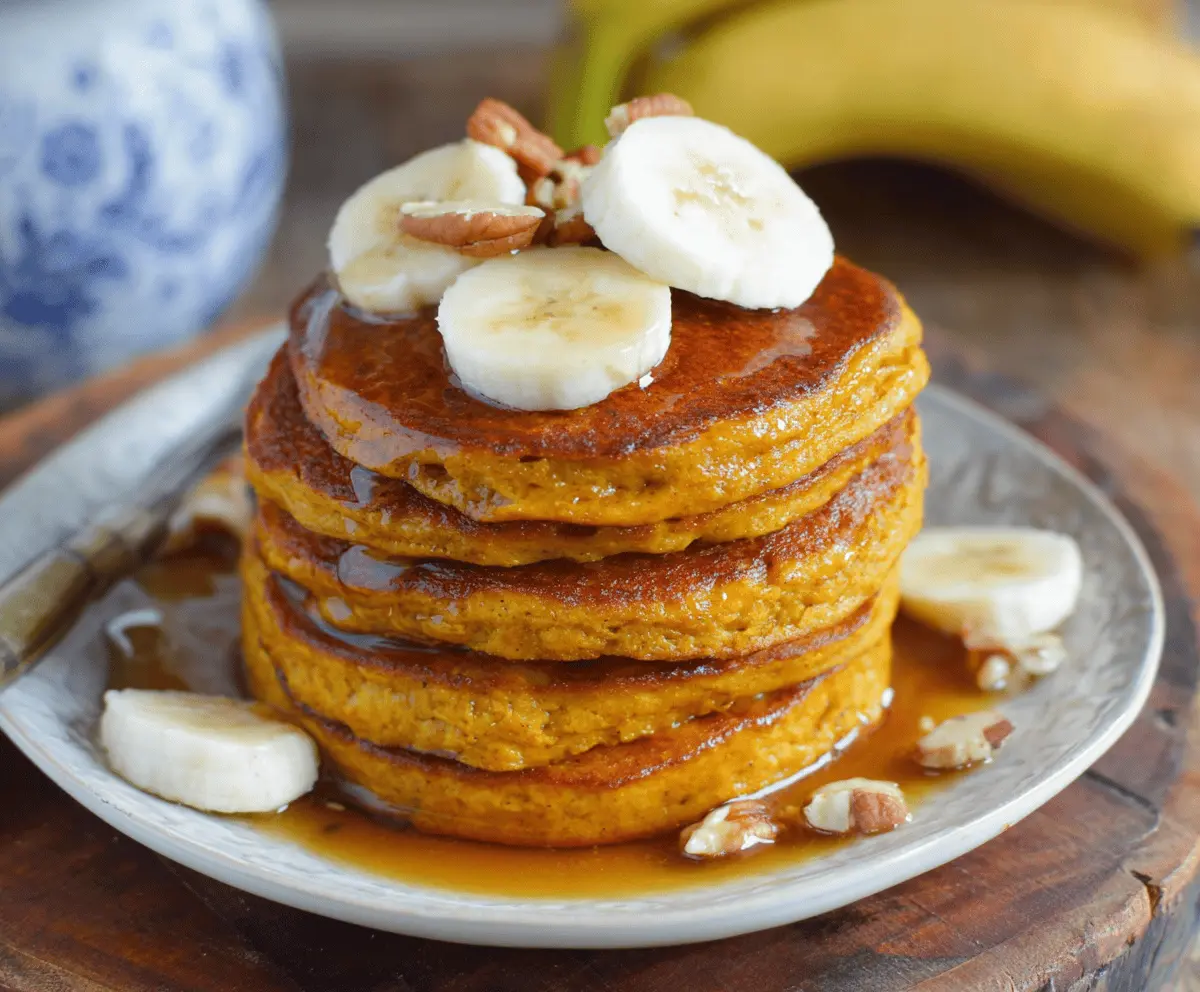 Delicious pumpkin banana pancakes topped with maple syrup and fresh fruit, perfect for a cozy breakfast