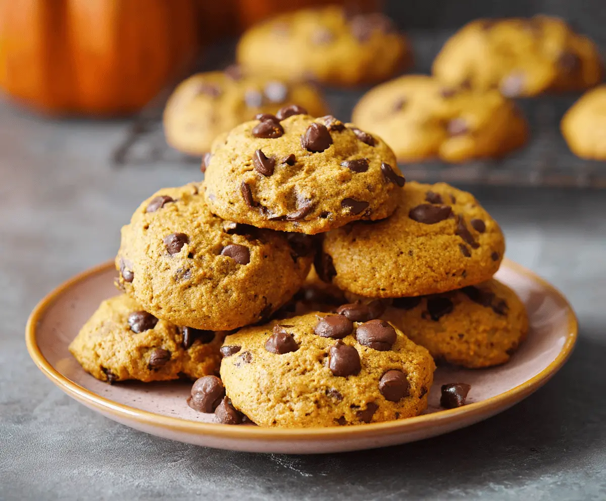 Delicious homemade pumpkin chocolate chip cookies with melted chocolate and pumpkin puree on a baking sheet, perfect for fall desserts.