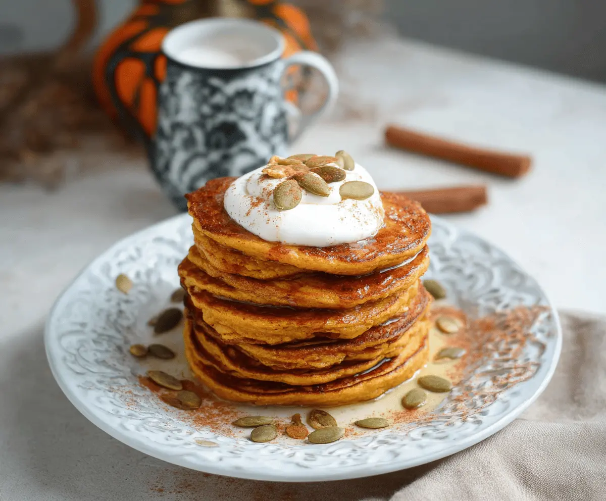 Delicious pumpkin cottage cheese pancakes topped with warm spices and fresh toppings, perfect for a cozy breakfast