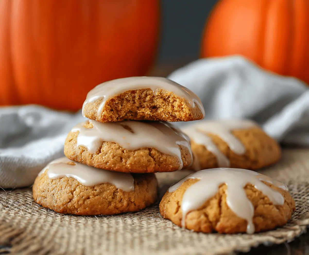 Delicious pumpkin glazed cookies with a shiny orange glaze and festive fall decorations on a rustic plate