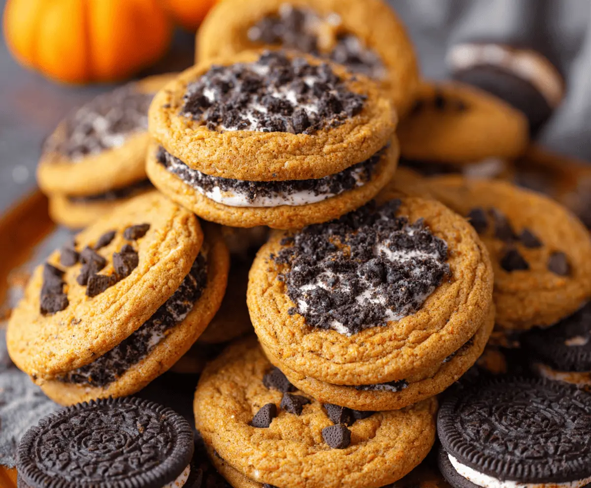 Delicious Pumpkin Oreo Cookies with creamy filling and pumpkin-flavored accents on a rustic wooden surface