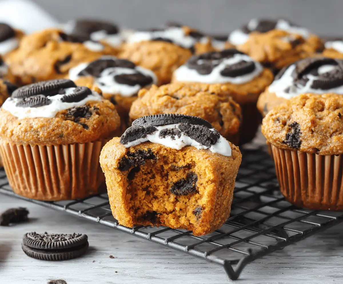 Delicious pumpkin Oreo muffins topped with crushed Oreos and a cinnamon spice, perfect for fall desserts