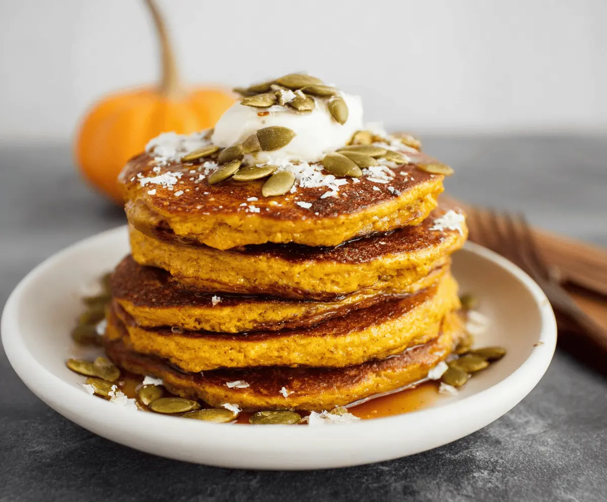 Delicious homemade pumpkin protein pancakes topped with whipped cream and cinnamon, perfect for a nutritious breakfast