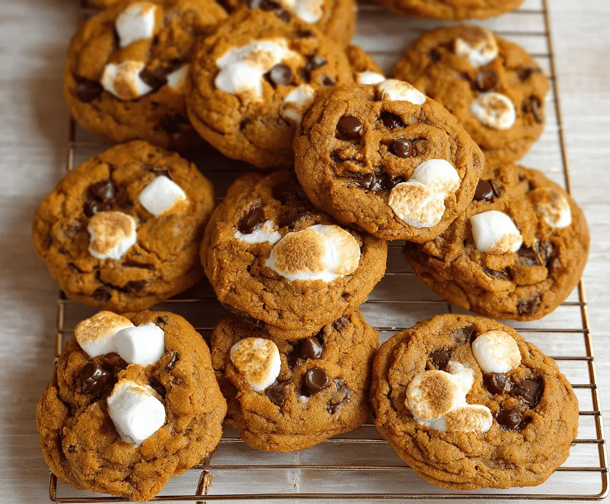 Delicious Pumpkin S'mores Cookies with melted chocolate and marshmallows topped with festive fall spices on a rustic wooden table