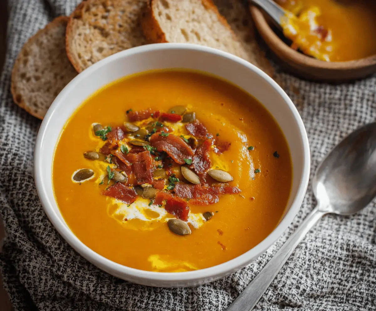 Creamy pumpkin soup garnished with fresh herbs in a rustic bowl, perfect for cozy fall meals.