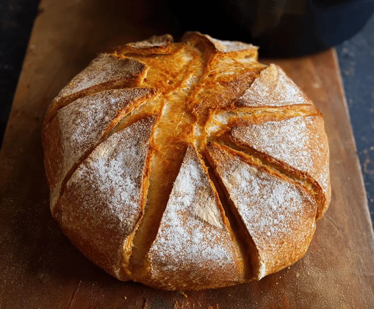 A freshly baked pumpkin sourdough bread loaf with a golden crust, garnished with pumpkin seeds, perfect for fall baking.