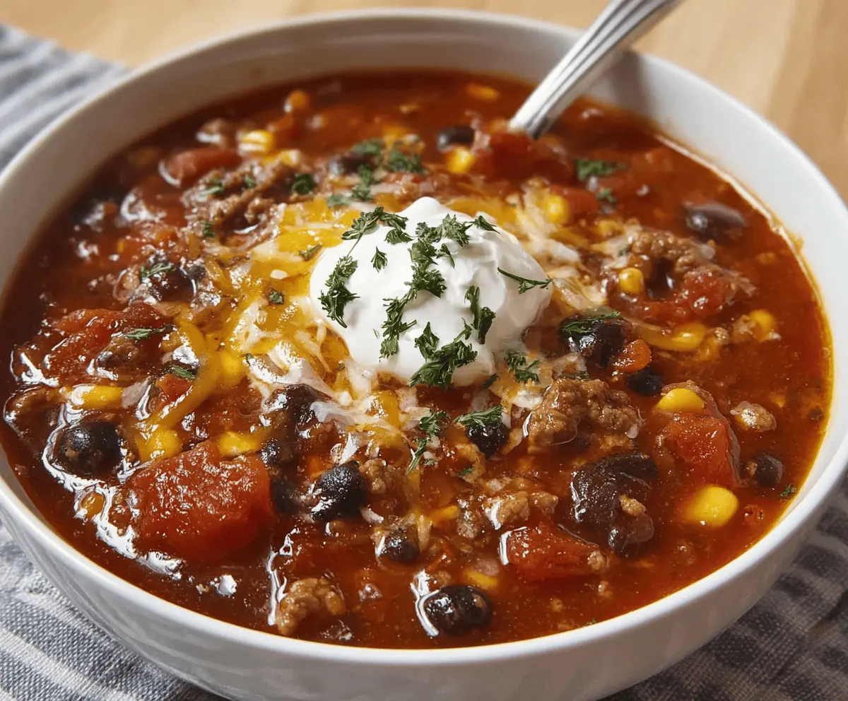 Delicious Ranch Taco Soup in a bowl topped with shredded cheese, sour cream, and fresh herbs, served with tortilla chips on the side.