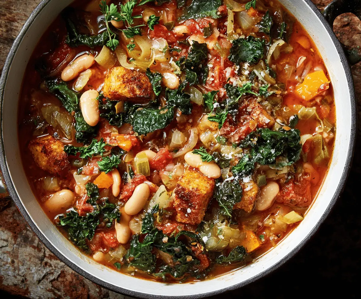 Delicious homemade Ribollita soup with fresh vegetables and crusty bread in a rustic bowl