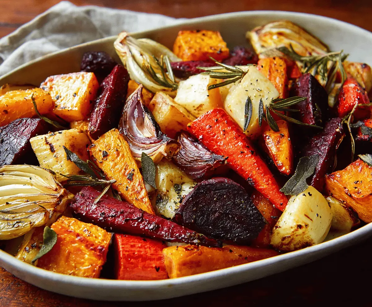 Colorful roasted root vegetables on a baking sheet, including carrots, parsnips, and sweet potatoes, seasoned and caramelized to perfection