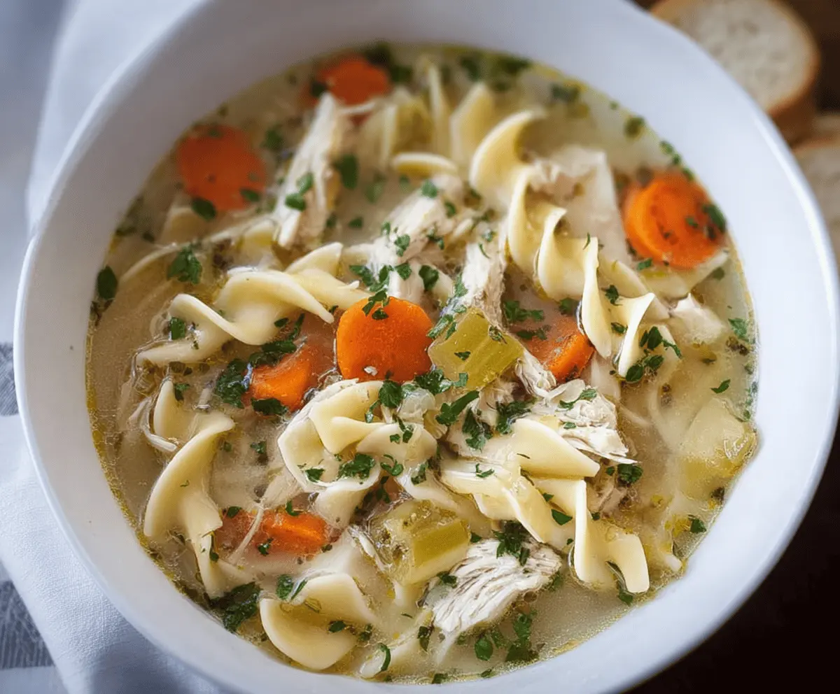 A bowl of comforting slow cooker chicken noodle soup with tender chicken, vegetables, and noodles garnished with fresh herbs