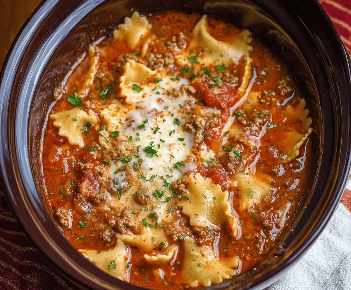 Creamy slow cooker ground beef lasagna soup topped with melted cheese and fresh basil in a bowl