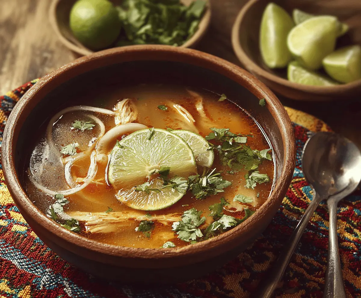 Traditional Mexican Sopa de Lima bowl with lime wedges, fresh herbs, and savory chicken broth, served in a rustic white ceramic bowl.