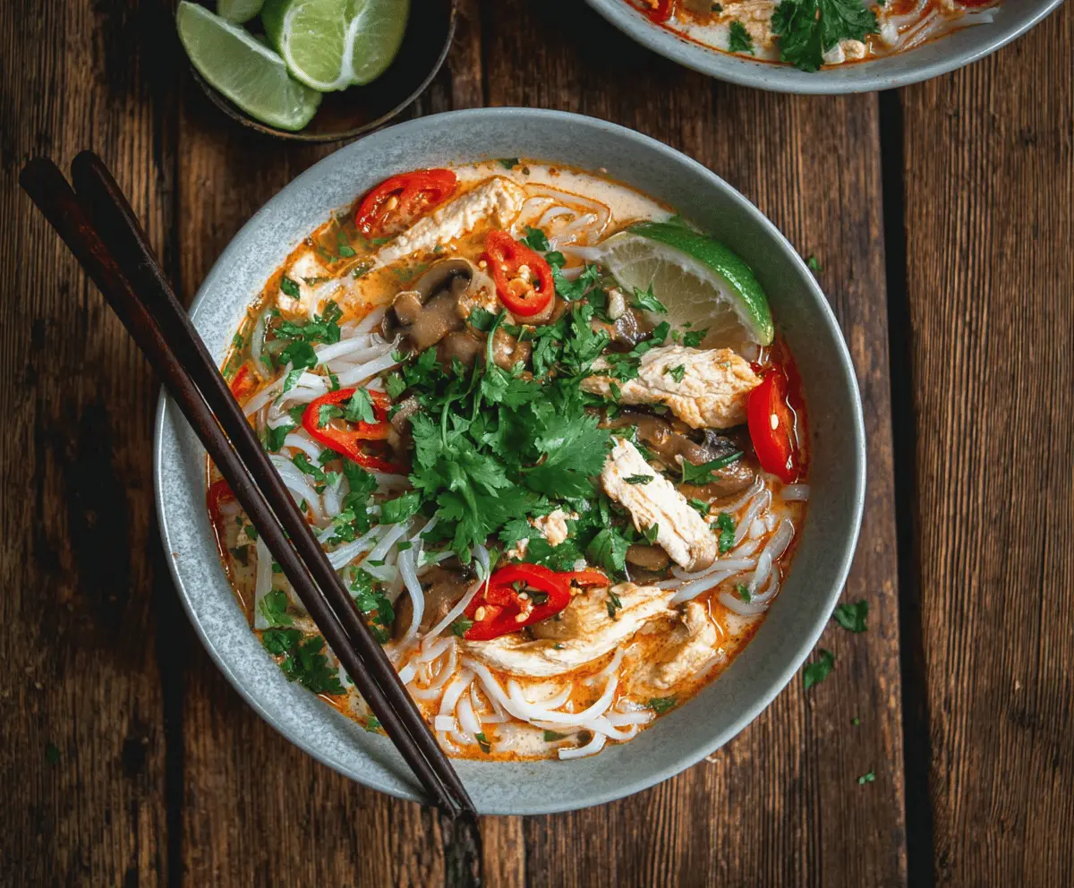 A steaming bowl of Thai Chicken Noodle Soup garnished with fresh herbs, lime wedges, and sliced vegetables, showcasing vibrant colors and ingredients.