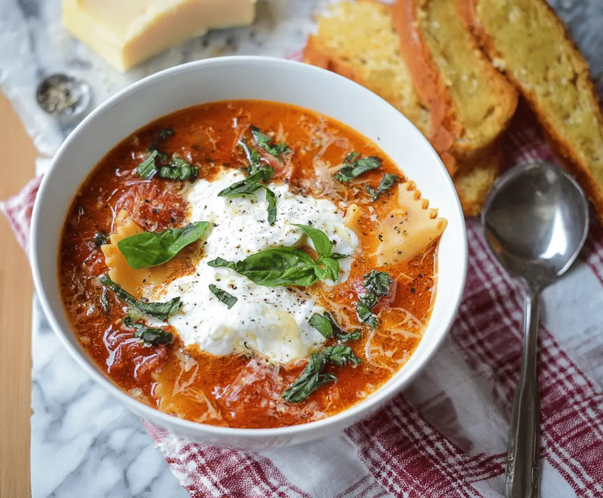 A bowl of Tomato Basil Lasagna Soup garnished with fresh basil leaves, shredded cheese, and a slice of crusty bread on the side, showcasing layers of tomato sauce, melted cheese, and aromatic basil.
