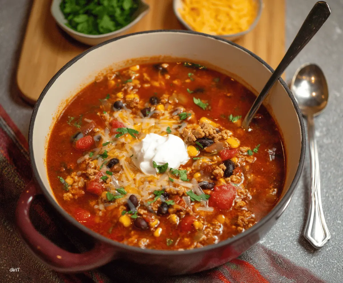 A delicious bowl of turkey taco soup topped with shredded cheese, fresh cilantro, and diced tomatoes, served with tortilla chips on the side.