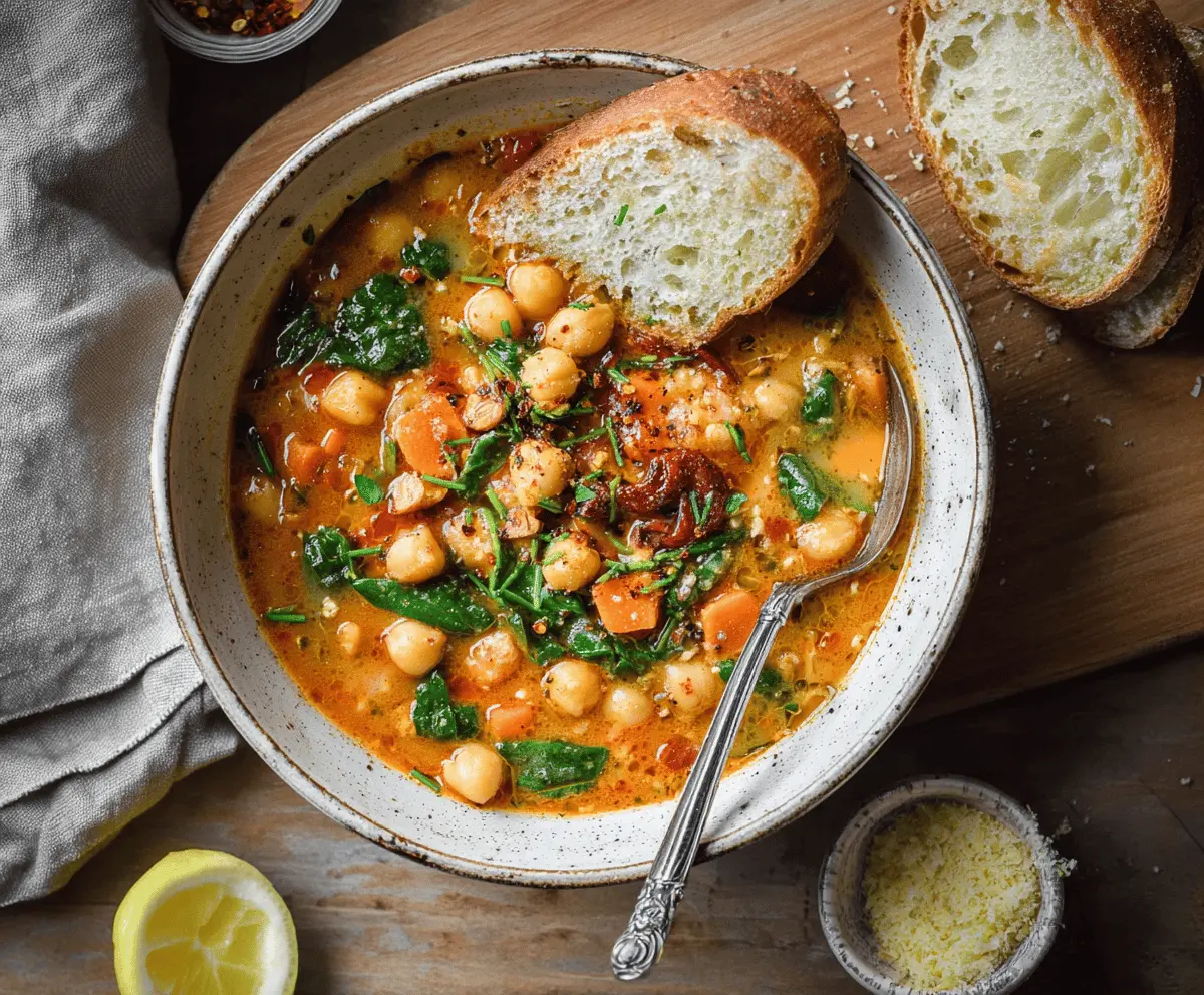A bowl of hearty Tuscan Chickpea Soup garnished with fresh herbs and olive oil, featuring creamy chickpeas, vegetables, and Italian spices in a rustic ceramic bowl.