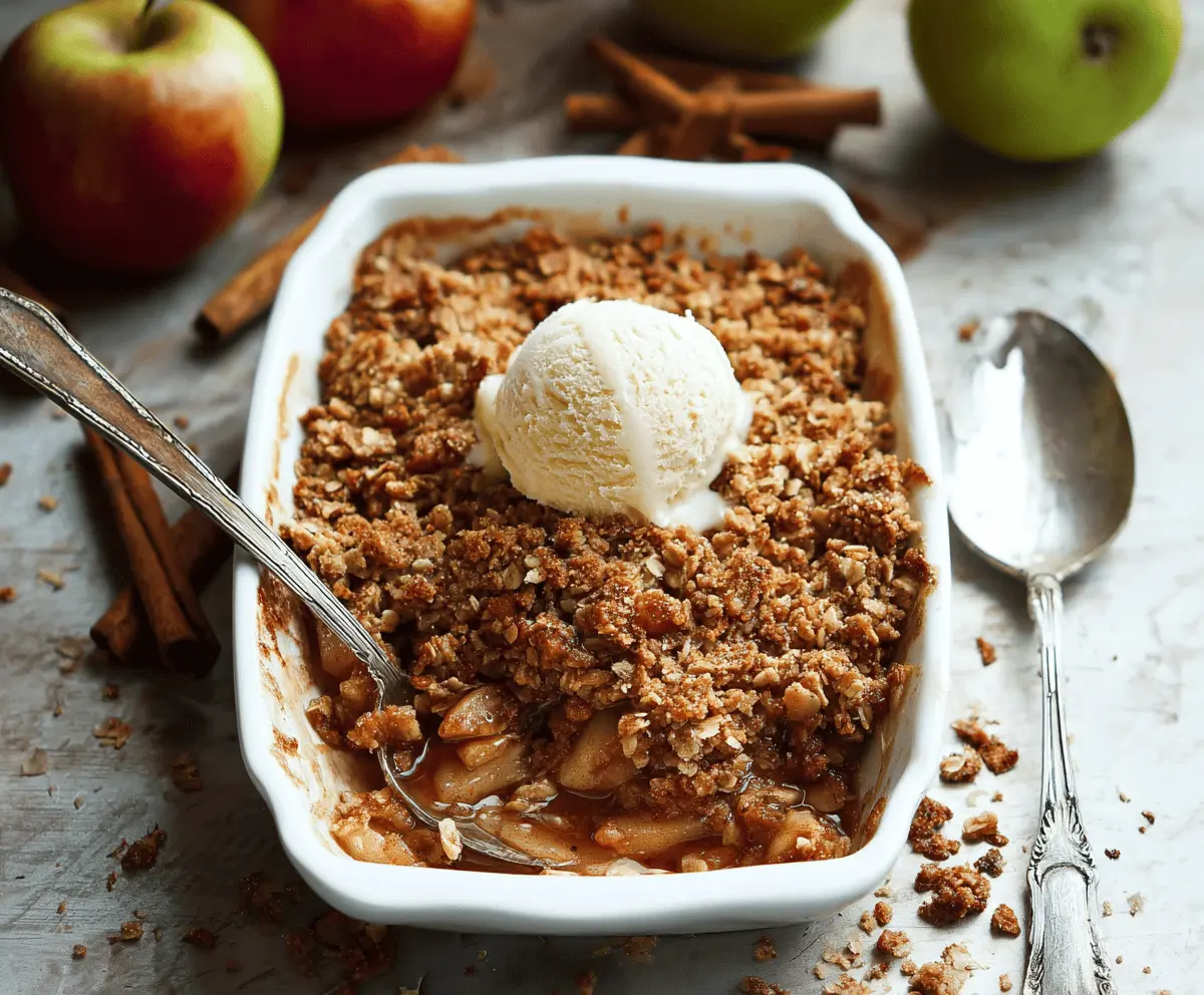 Delicious vegan apple crisp topped with golden oats and cinnamon served in a rustic bowl