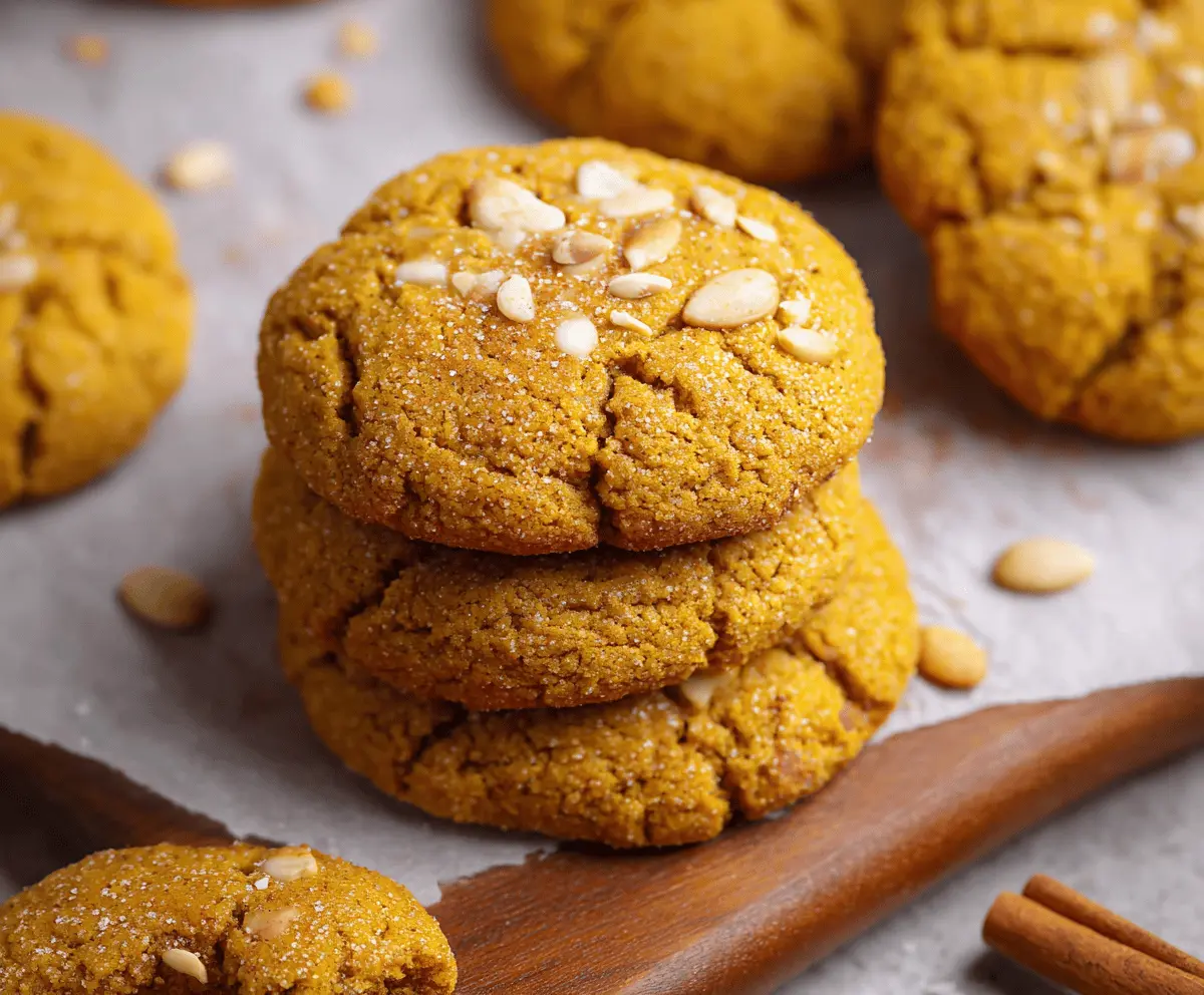 Delicious vegan pumpkin cookies topped with cinnamon and glaze on a rustic wooden table, perfect for fall dessert