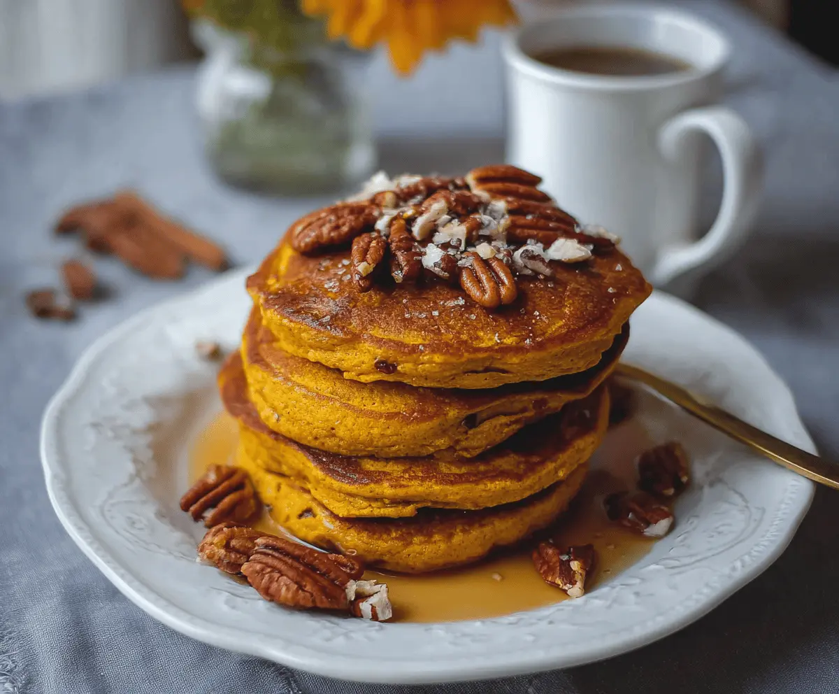 Fluffy vegan pumpkin pancakes topped with maple syrup and fresh fall fruits on a white plate, perfect for breakfast or brunch