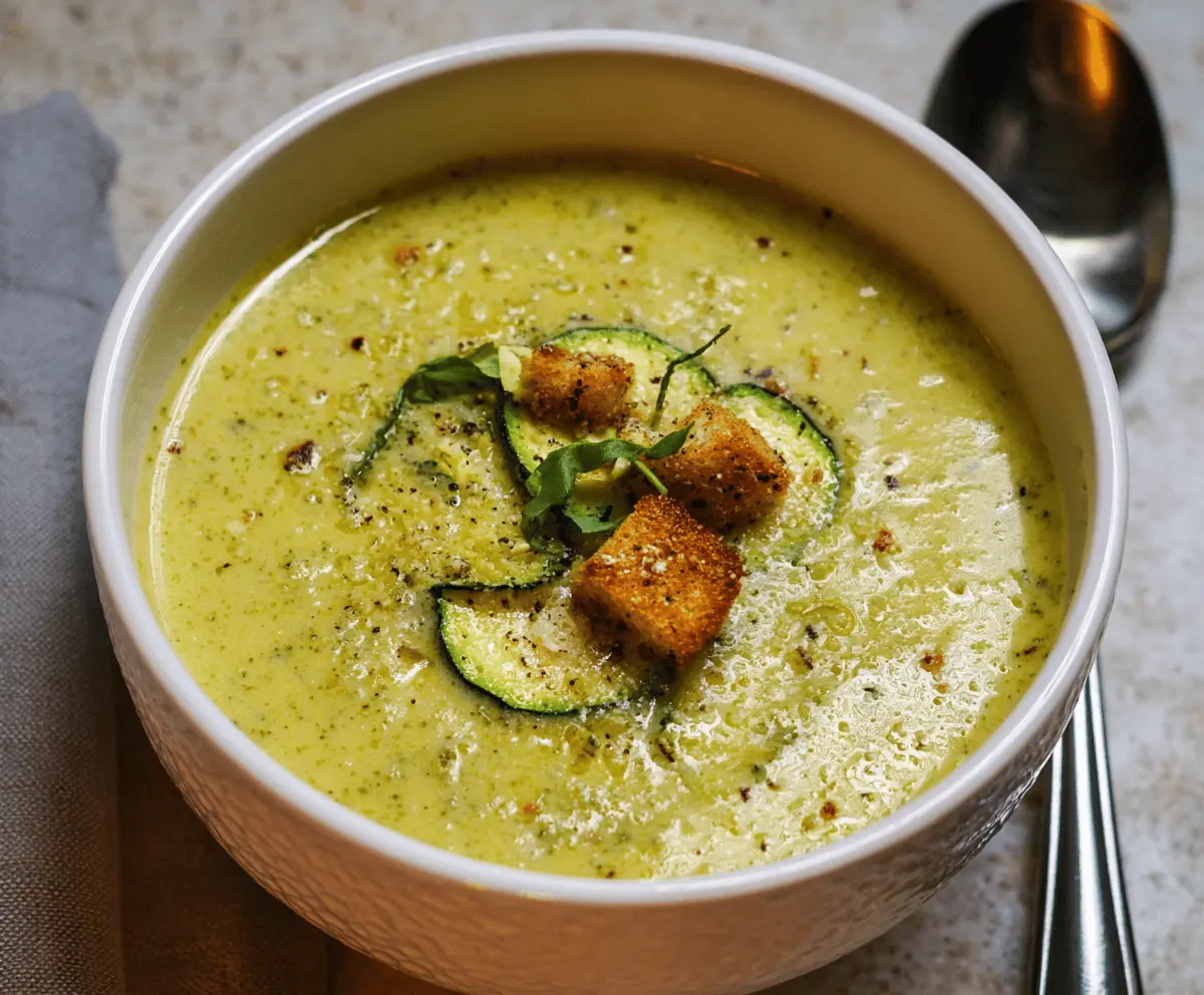 Creamy zucchini soup garnished with fresh herbs in a bowl, perfect for a healthy and flavorful meal