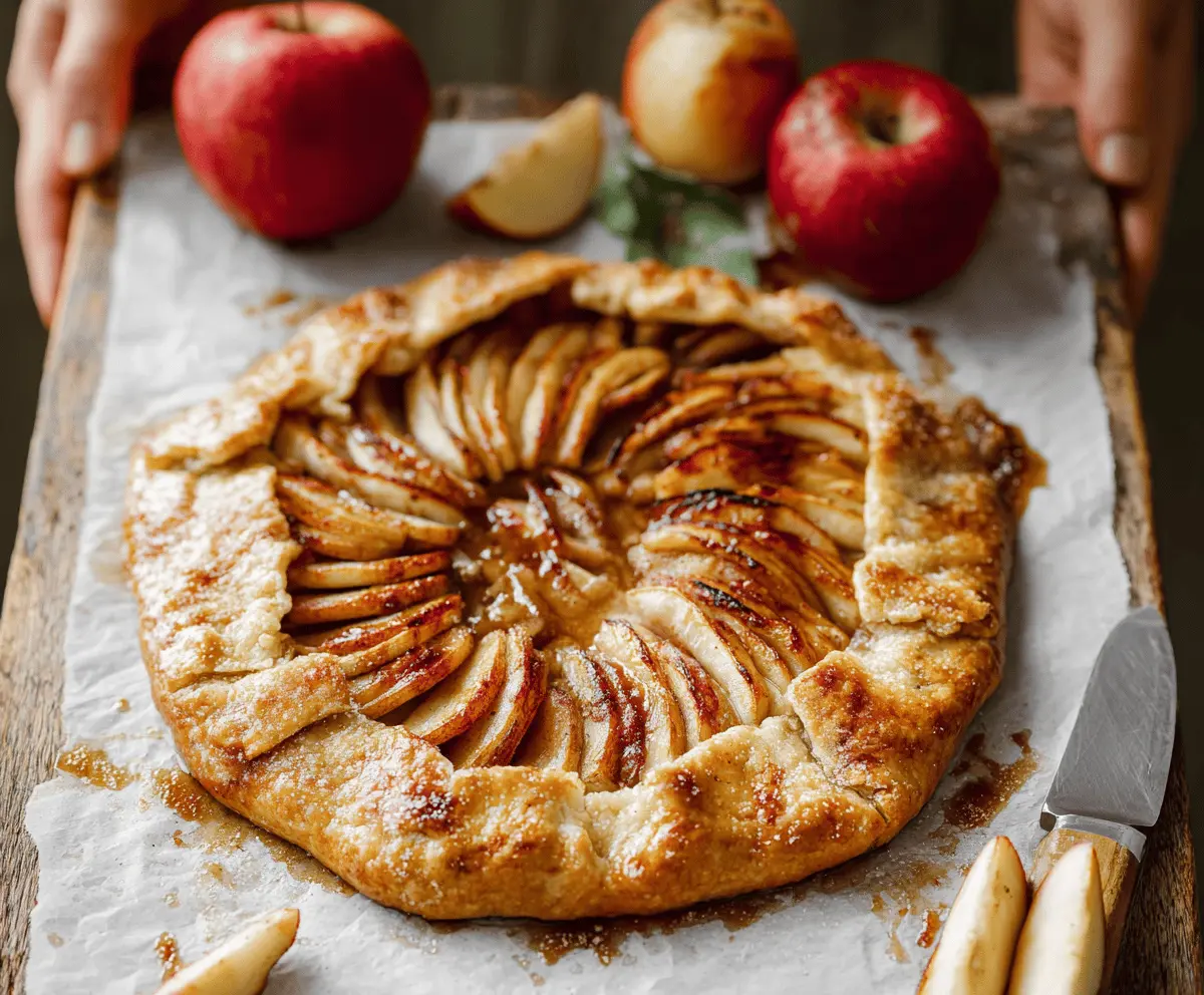 Delicious homemade apple galette with golden crust and cinnamon-spiced apple filling on a rustic wooden background