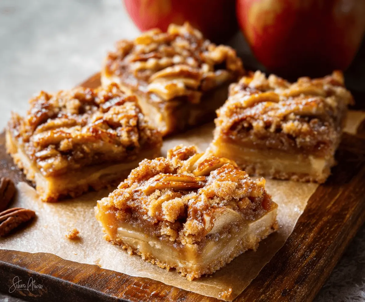 Delicious homemade apple pie bars with golden crust and sweet apple filling, topped with a sprinkle of cinnamon for a perfect dessert