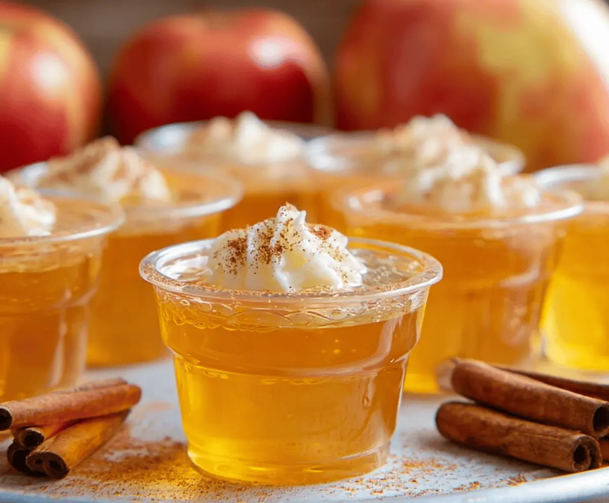 Delicious Apple Pie Jello Shots with cinnamon and whipped topping on a serving plate, perfect for fall desserts