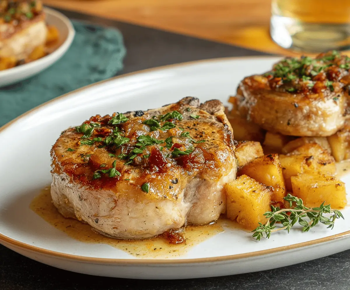 Juicy apple stuffed pork chops served with seasonal vegetables on a rustic plate.