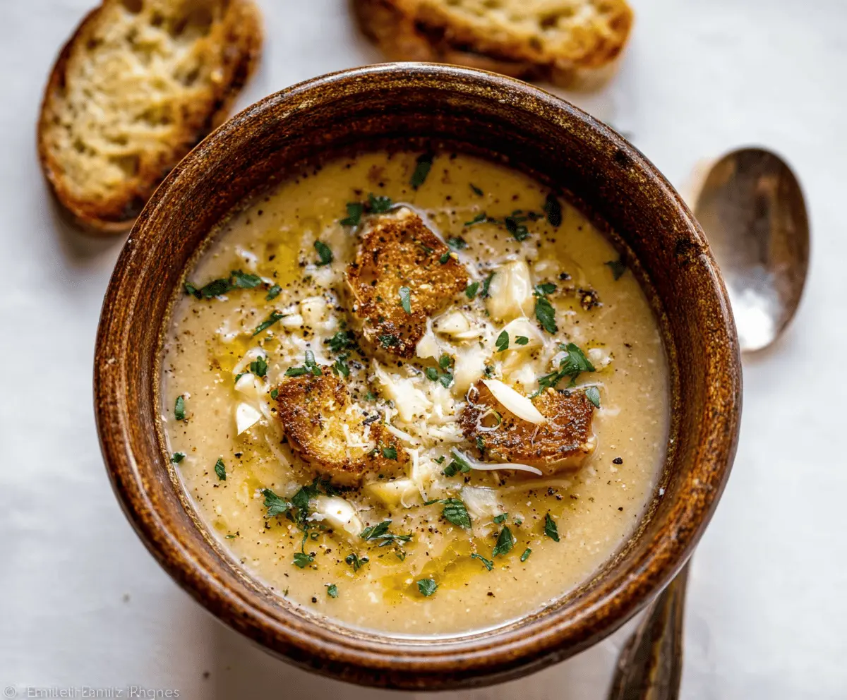 A steaming bowl of authentic Italian garlic soup garnished with fresh herbs and croutons, served in a rustic bowl for a flavorful traditional Italian appetizer.