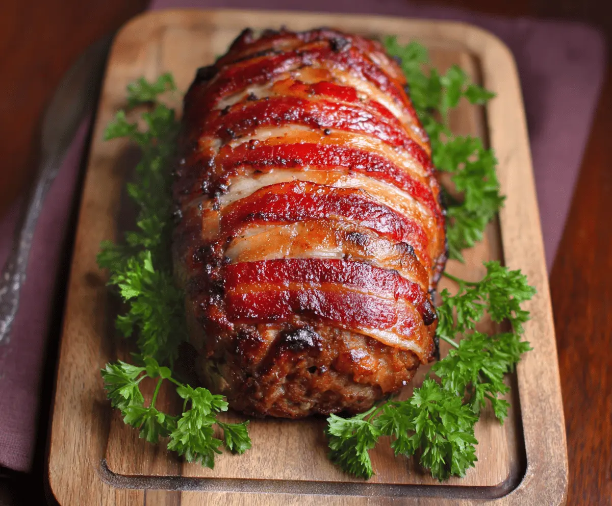 Delicious bacon-wrapped meatloaf topped with crispy bacon slices, served on a plate with fresh herbs and sides