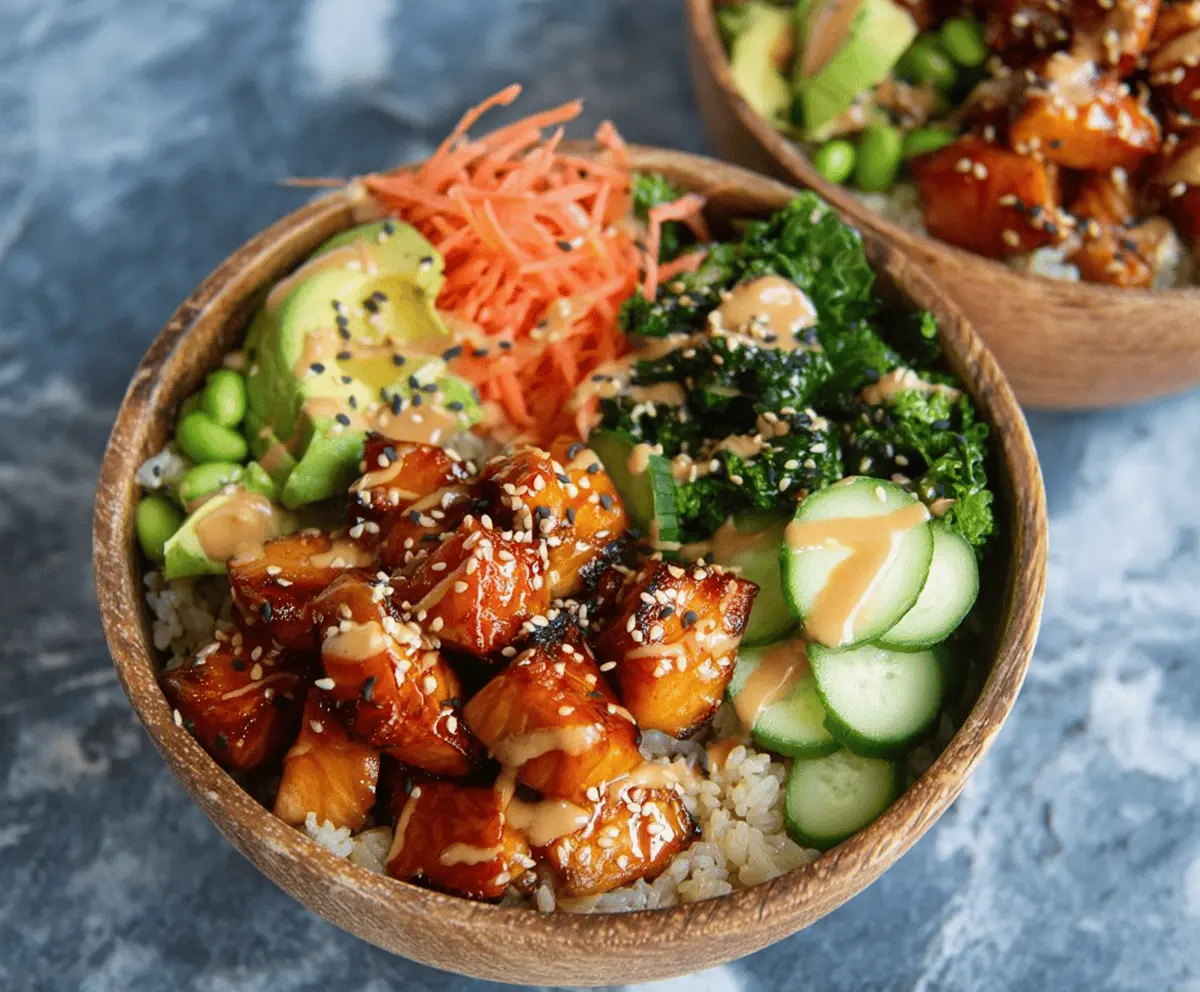 Delicious Bang Bang Salmon Bite Bowls featuring crispy salmon bites, vibrant vegetables, and creamy spicy sauce served in a bowl.