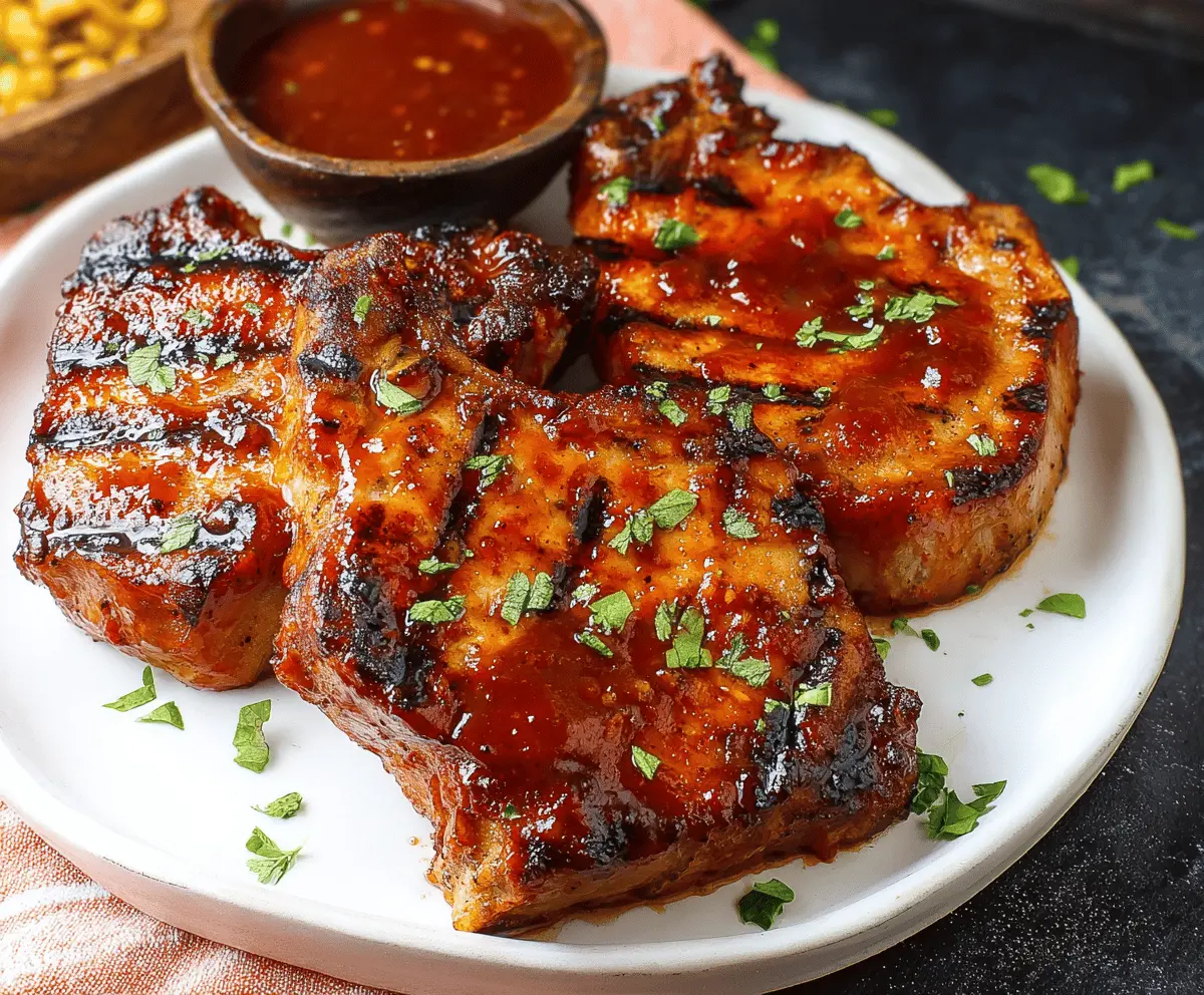 Juicy grilled BBQ pork chops garnished with fresh herbs on a rustic wooden plate, perfect for a flavorful summer meal