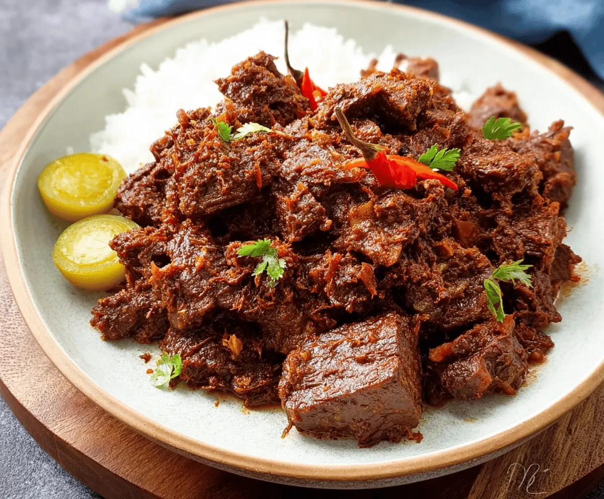 Delicious homemade Beef Rendang with tender beef chunks simmered in rich coconut milk and aromatic spices, served with steamed rice.