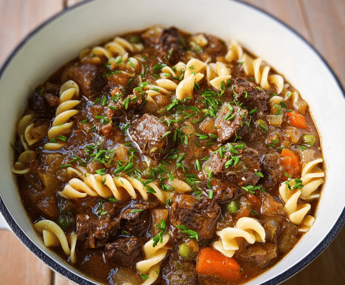 Hearty beef stew with tender meat, vegetables, and noodles in a savory broth served in a rustic bowl.