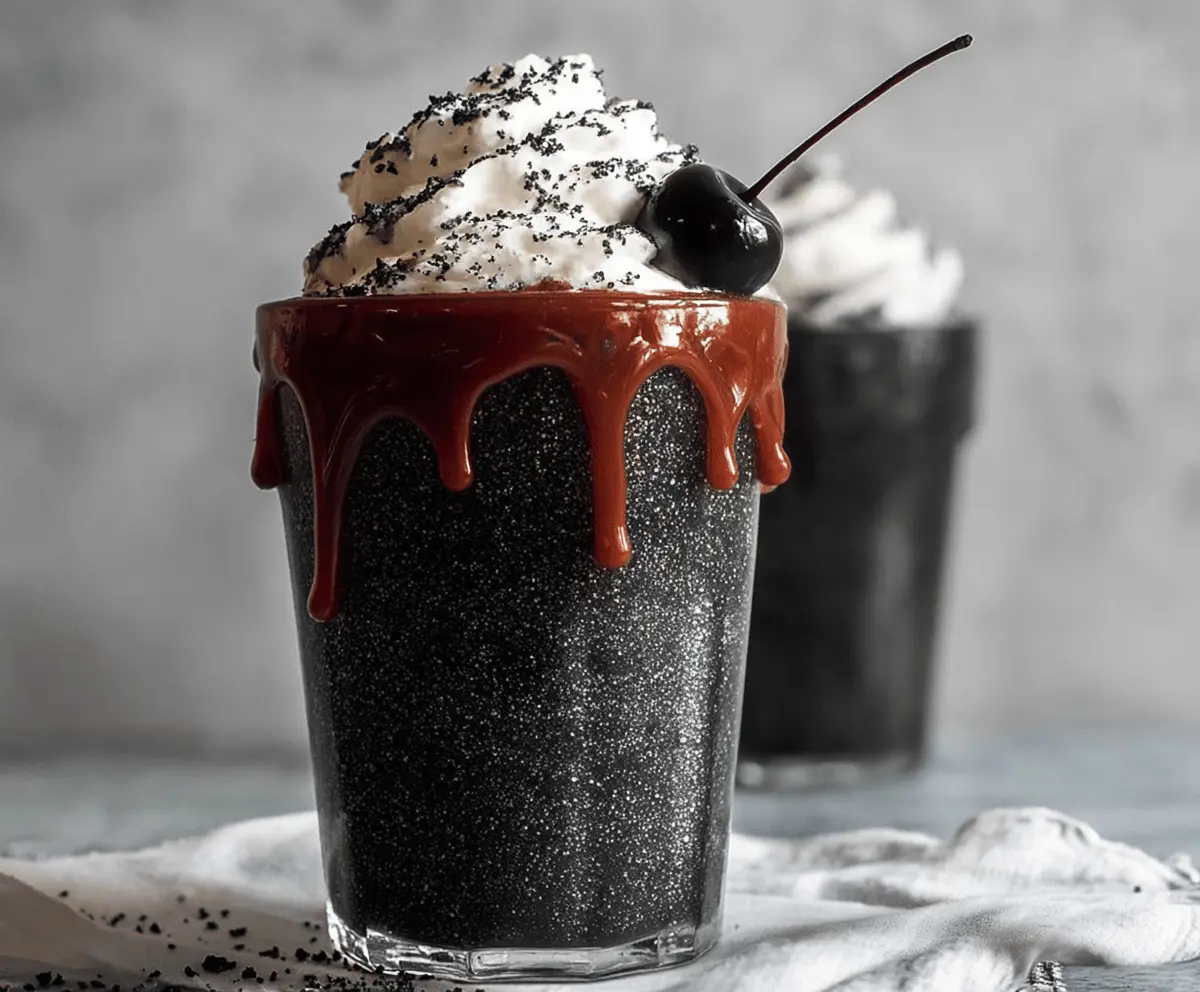 Creamy black milkshake topped with whipped cream and chocolate sprinkles in a clear glass mug, perfect for a delicious treat.