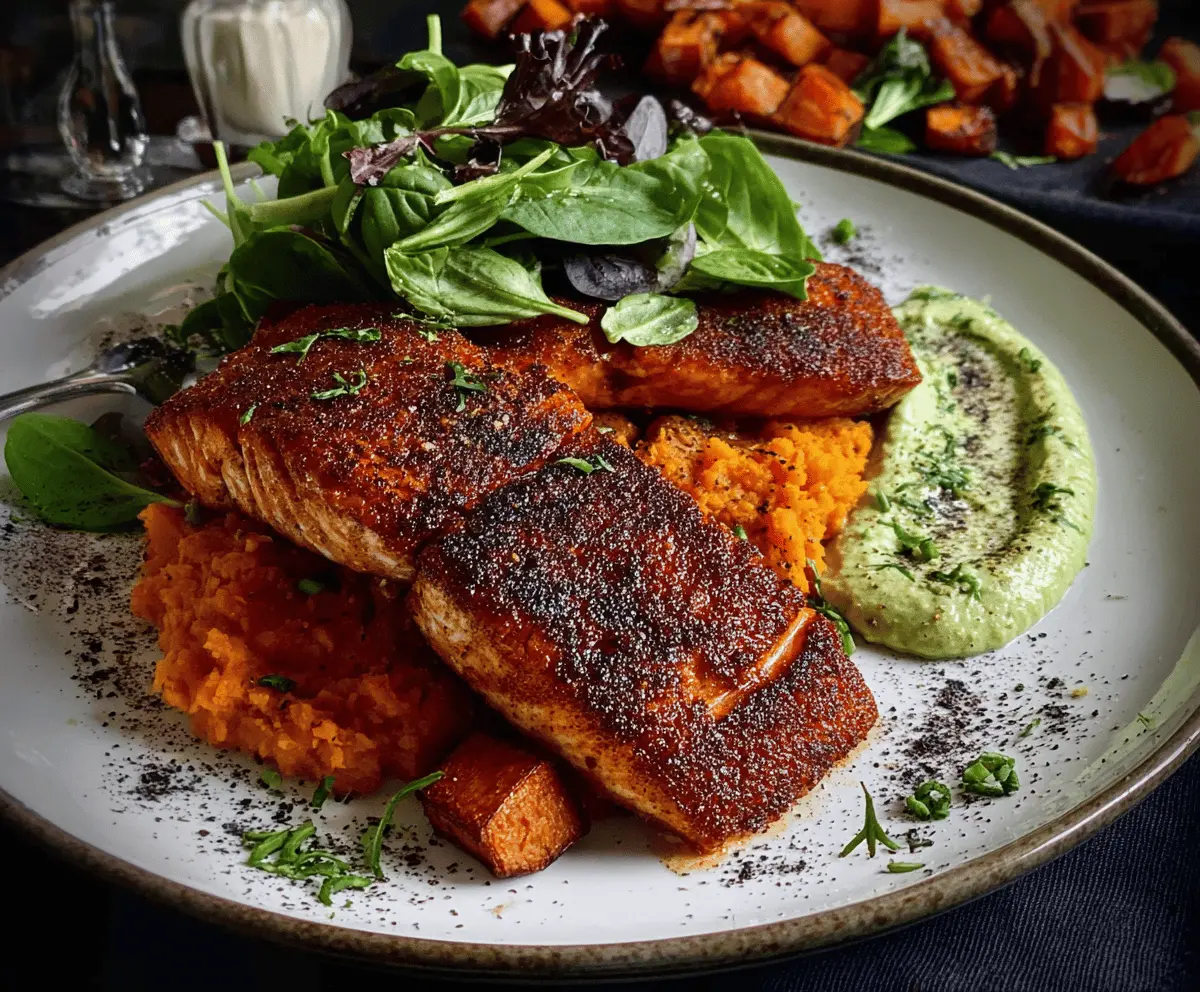 Delicious blackened salmon fillet served with roasted sweet potato wedges on a white plate, garnished with fresh herbs, perfect for a healthy and flavorful meal.