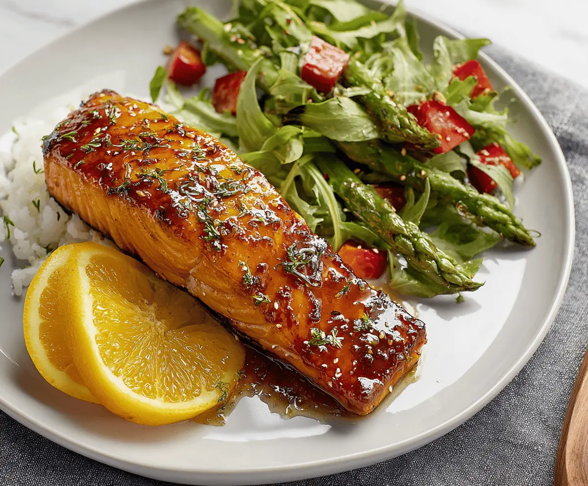 Delicious brown sugar glazed salmon fillet garnished with fresh herbs on a white plate.