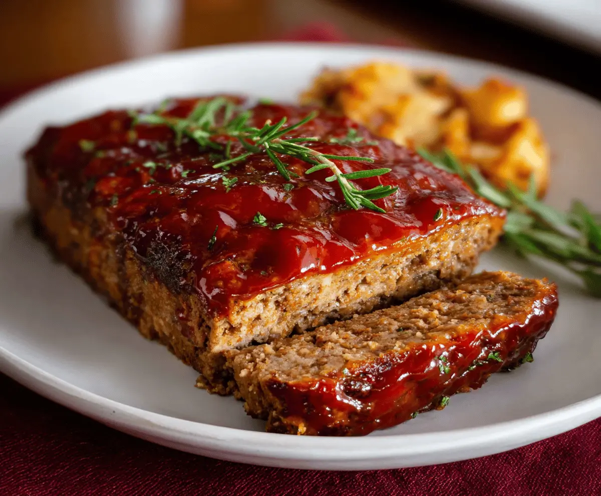 Juicy meatloaf glazed with brown sugar and ketchup, served on a white plate with fresh herbs and vegetables