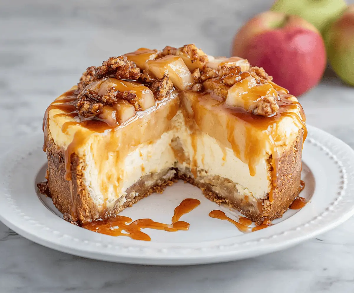 Delicious caramel apple cheesecake topped with caramel drizzle and sliced apples on a serving plate