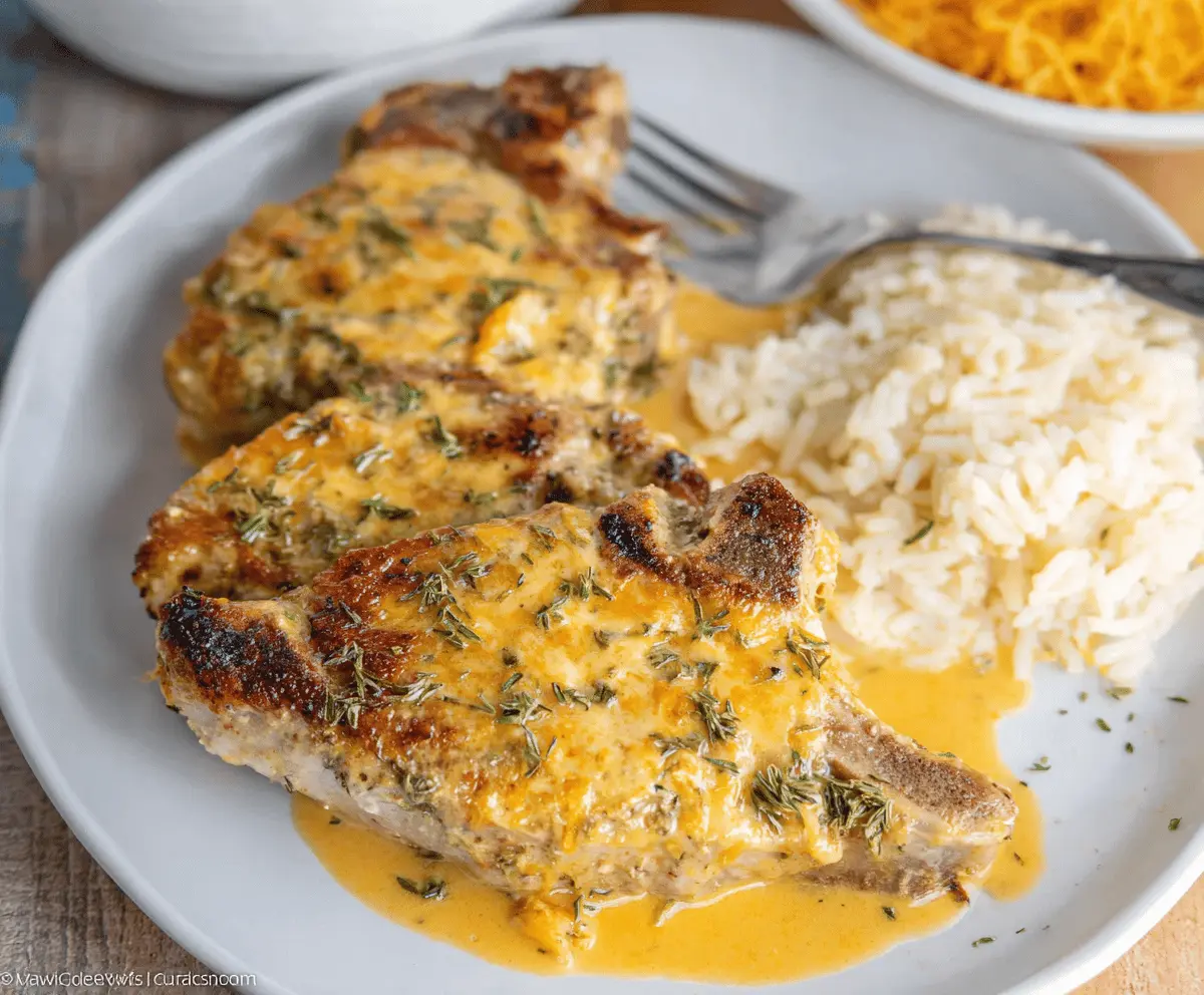 Juicy cheddar ranch pork chops served with fresh herbs and side vegetables on a rustic plate.
