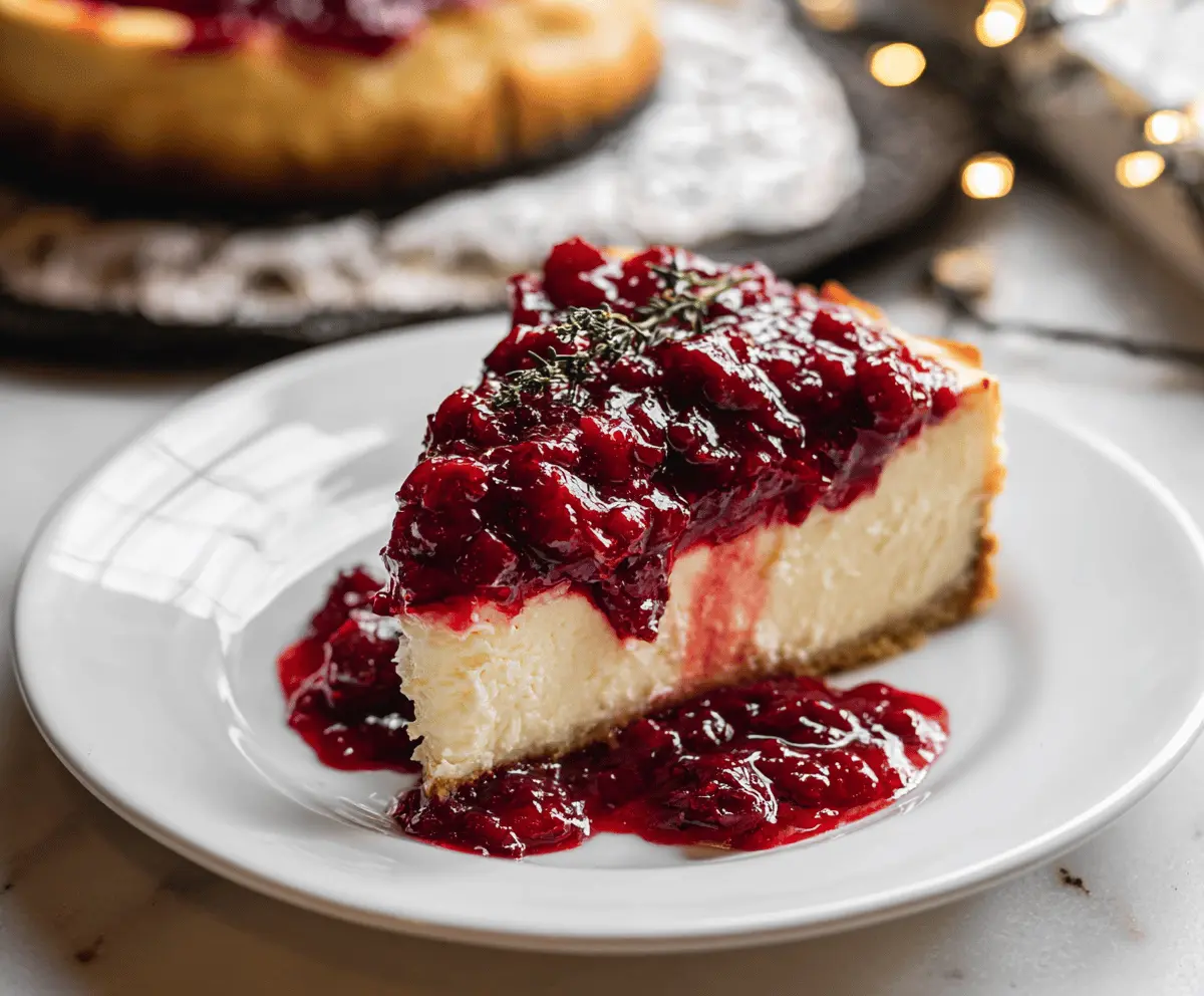 Delicious cheesecake topped with fresh cranberry sauce for a festive dessert.