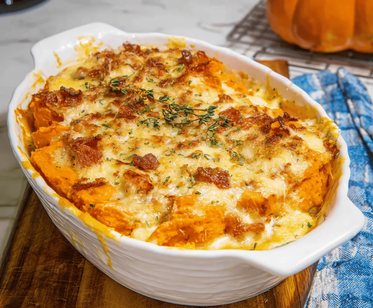 Delicious cheesy sweet potato casserole topped with melted cheese and crispy breadcrumbs