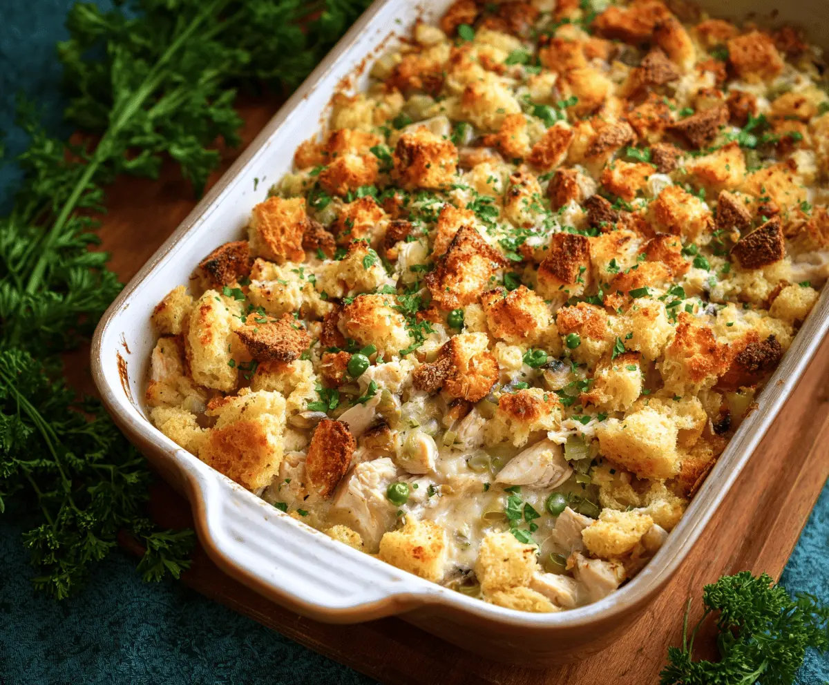Delicious Chicken & Stuffing Casserole topped with golden crispy bread crumbs and served in a baking dish
