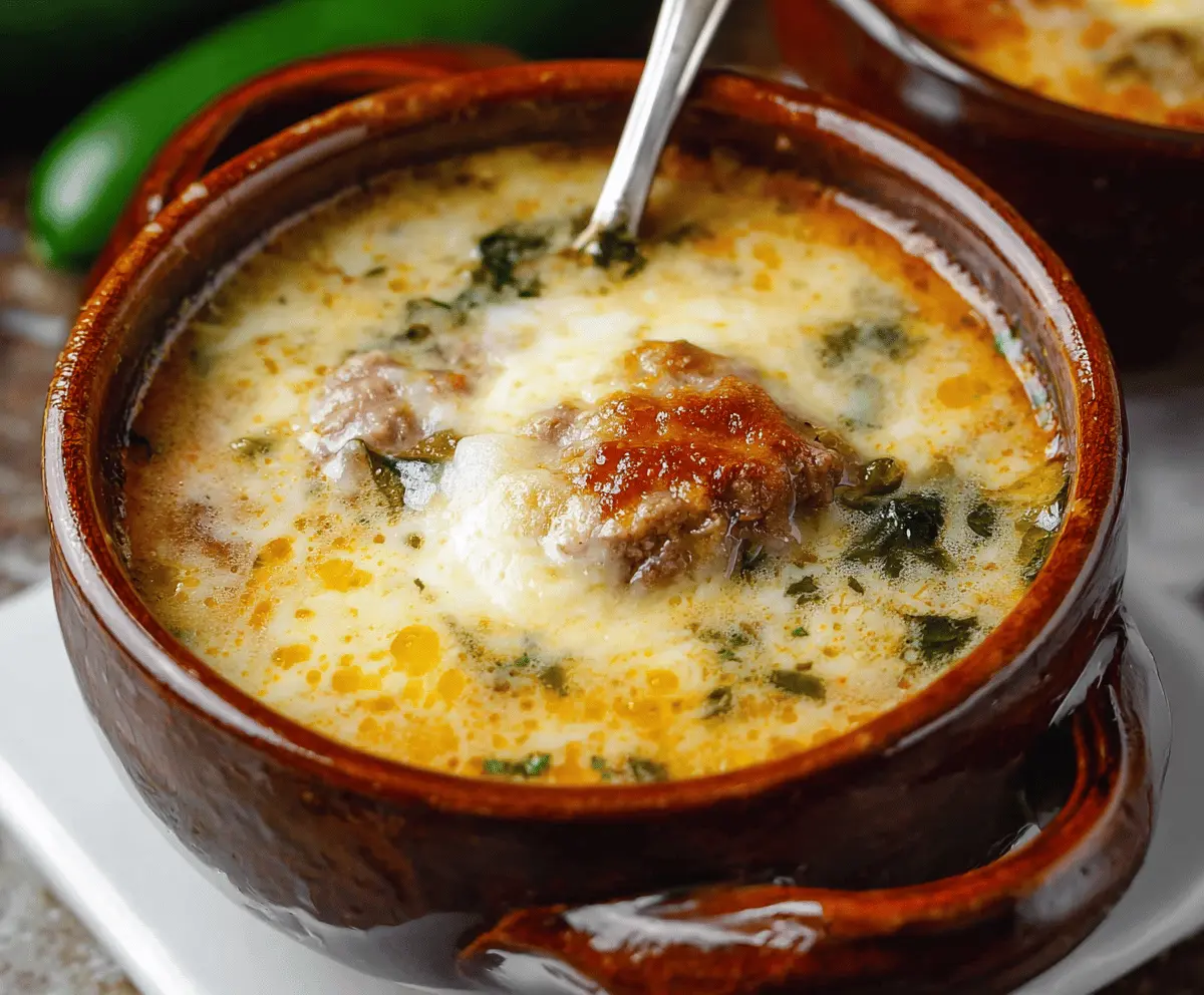 Creamy Chile Relleno Soup topped with melted cheese and fresh cilantro in a bowl, served with crusty bread on the side.