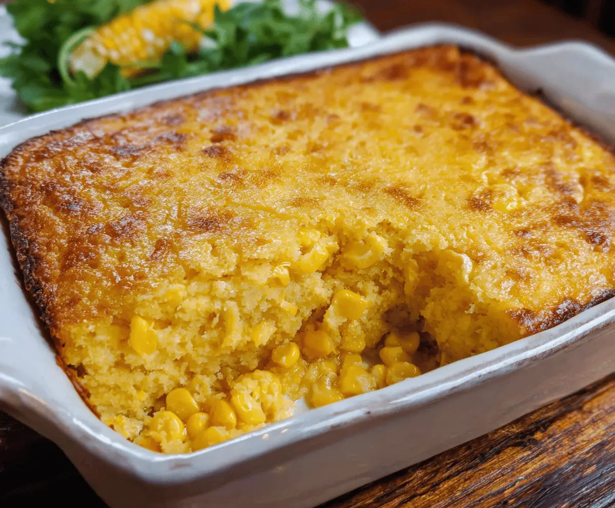Creamy Corn Casserole topped with golden-brown crust, served in a baking dish, perfect for family dinners and holiday gatherings.