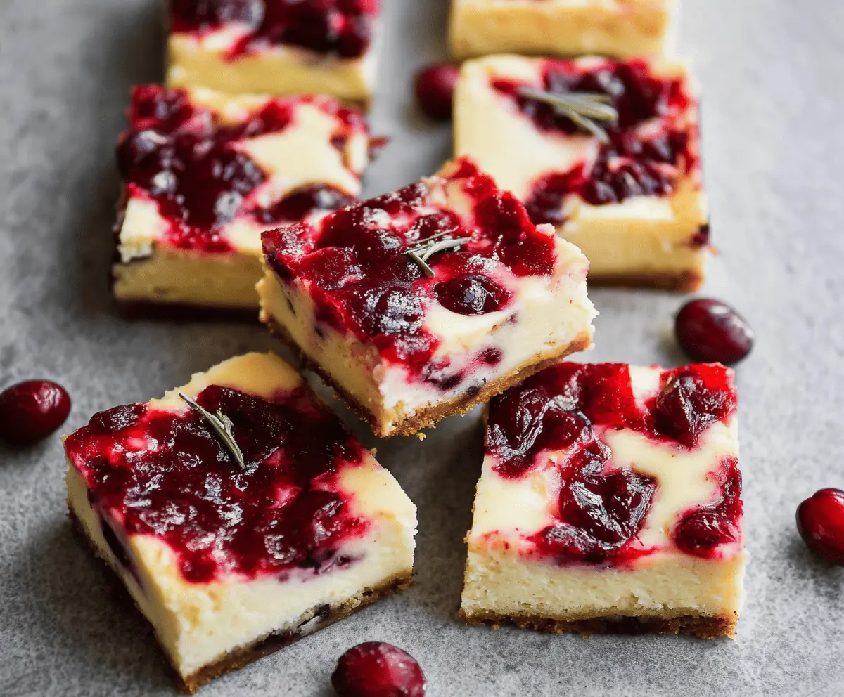 Creamy cranberry cheesecake bars topped with fresh cranberries and a graham cracker crust, perfect for festive desserts.