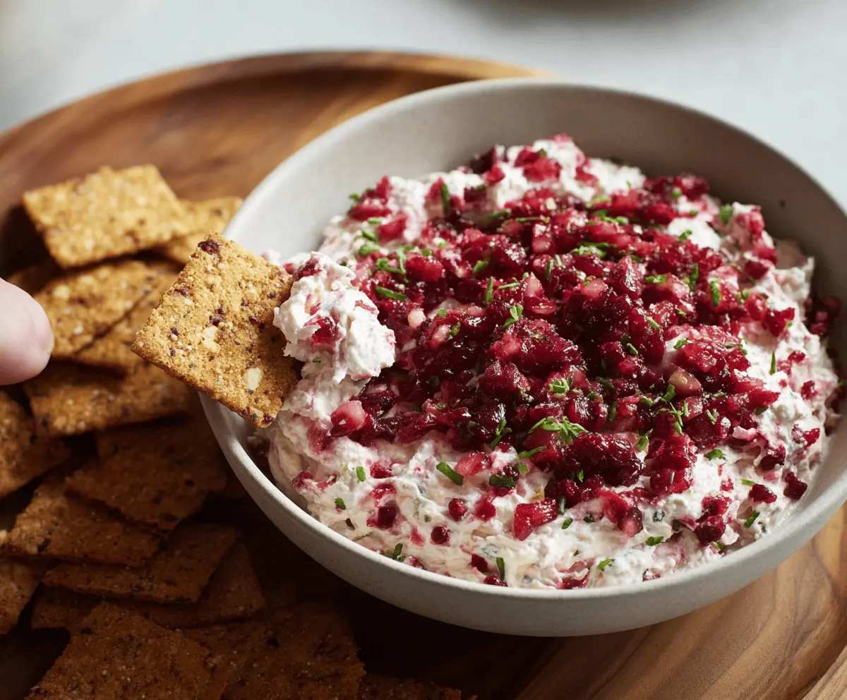 Creamy cranberry jalapeño dip with fresh cranberries, sliced jalapeños, and herbs served in a bowl, perfect for parties and appetizers.