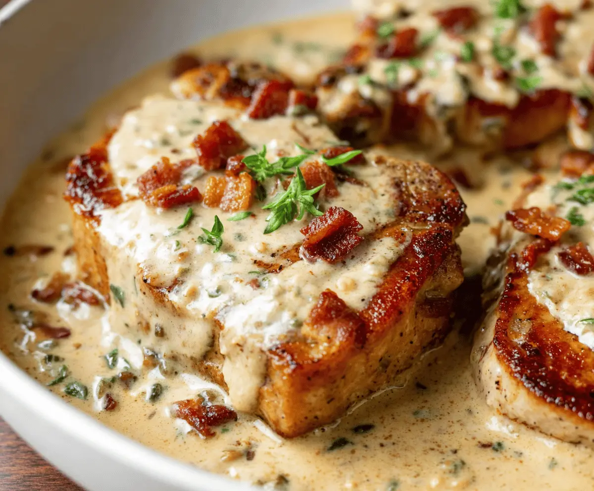 Creamy bacon pork chops served with fresh herbs on a white plate, showcasing a delicious and flavorful dinner option