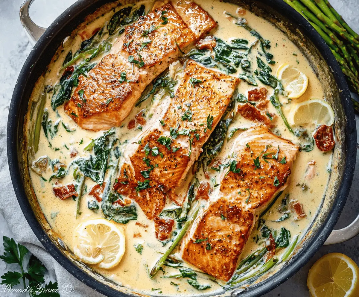 Delicious creamy garlic Tuscan salmon served with fresh herbs and lemon slices.